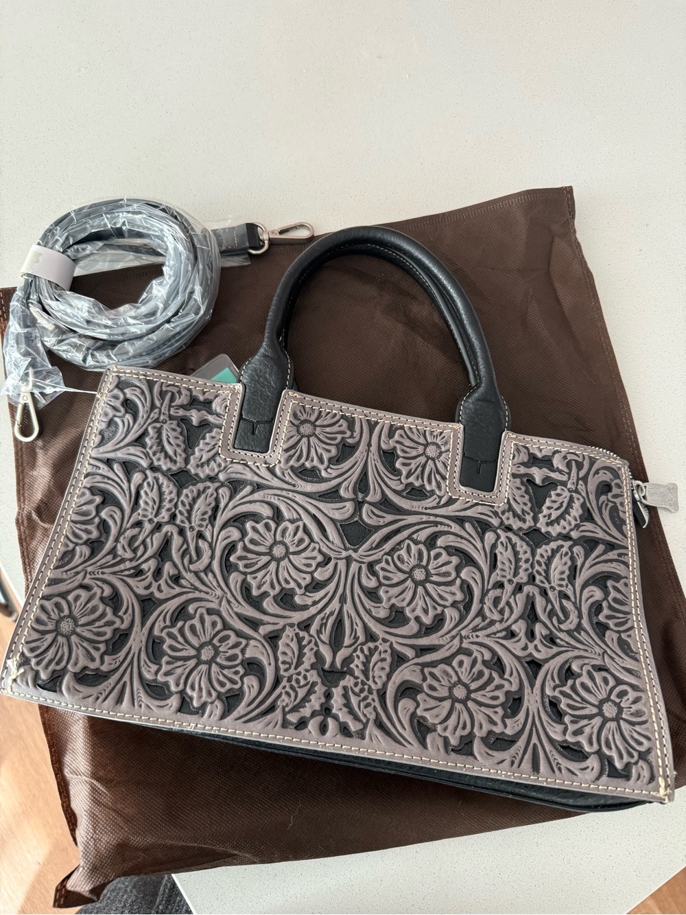 Women's Embossed Floral Satchel Tote in Taupe and Black